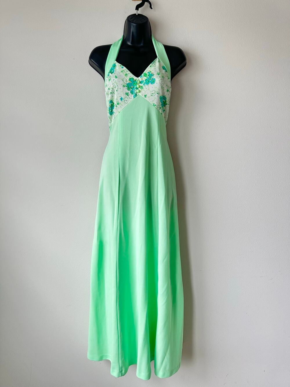 Vintage 70s Mint Green Hostess Gown Floral Halter Maxi Dress Bolero Jacket S/M